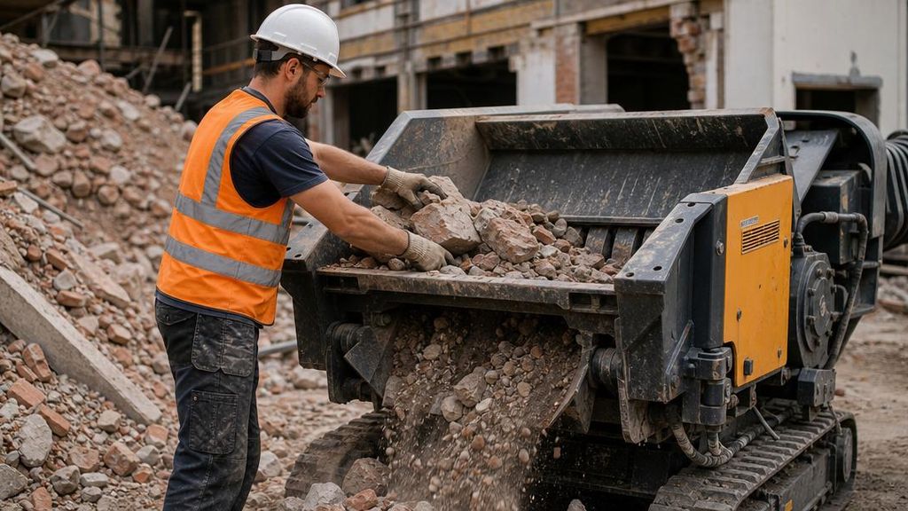 рабочий загружает строительный мусор в арендованную дробилку