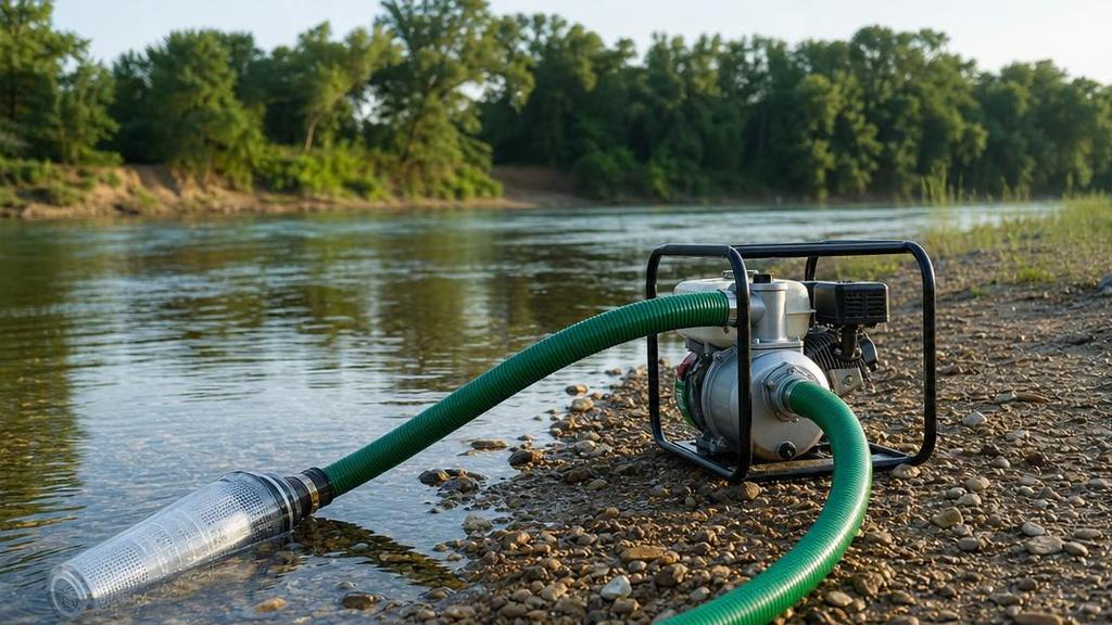 Бензиновая помпа для чистой воды на берегу реки