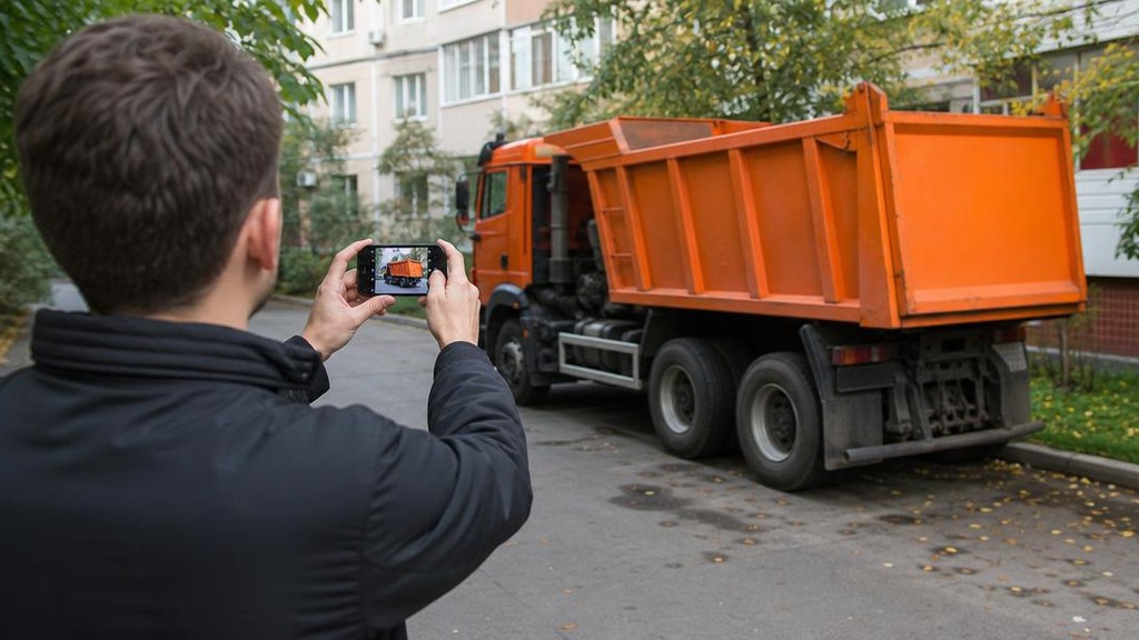 Человек фотографирует нарушение парковки тяжёлой техники во дворе