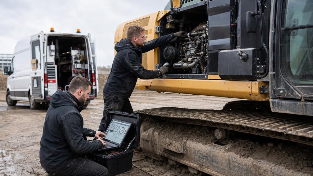 Выездное техническое обслуживание - бригада работает с гусеничным экскаватором на объекте