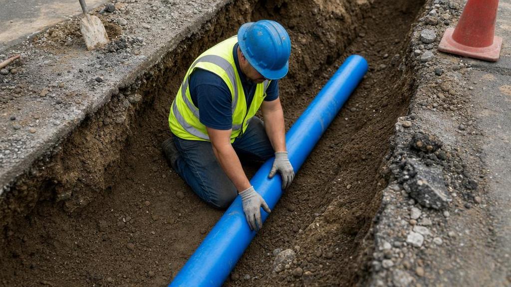 Рабочий проверяет трубопровод при замене труб водопровода
